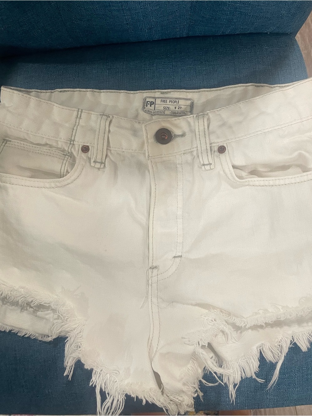 Free People Cream Distressed Frayed Hem Denim Shorts